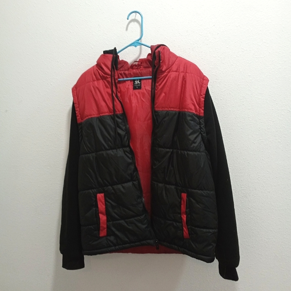 Puffer Jacket Mens Size L Black with Red Trim and Hood R-Brand